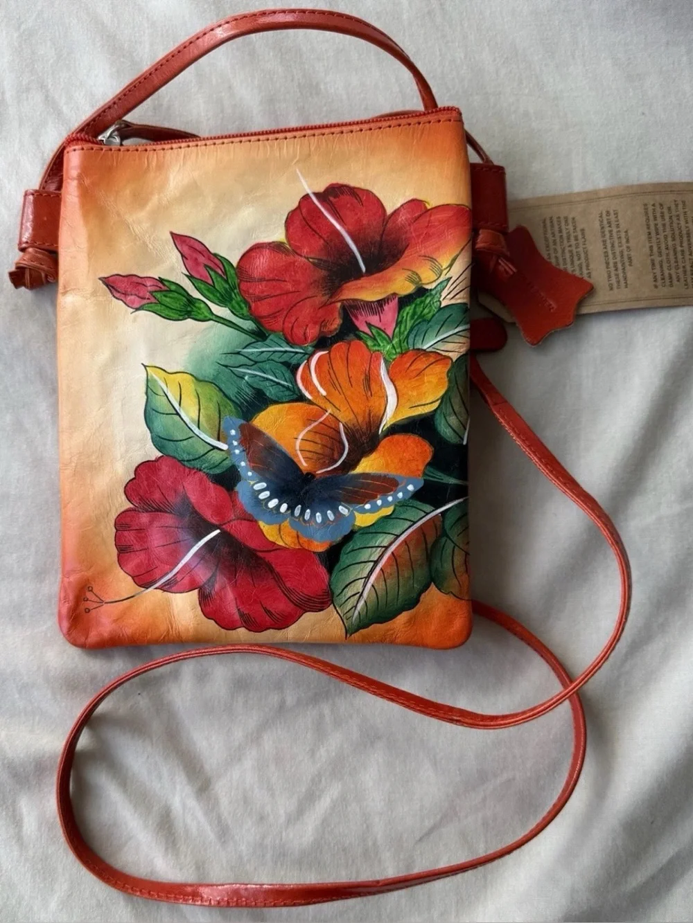 Hand Painted Genuine Leather Crossbody Bag Floral Butterfly Anuschka Style Boho